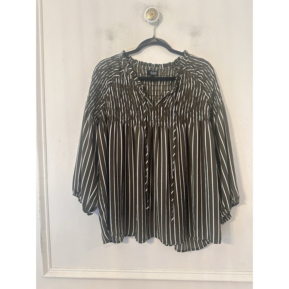 ana Top Sz 2XL Olive Green Striped Smocked Tie Neck Blouse 3/4 Sleeve Top Womens